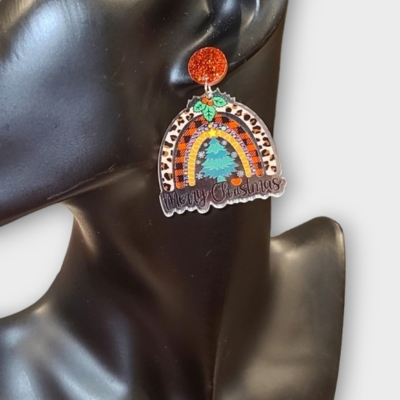 Leopard Print Plaid Merry Christmas Rainbow Dangle Fashion Earrings - Picture 2 of 10